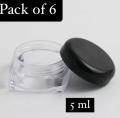 6 pcs- Empty Cosmetic Containers Black Lid With outer Acralic Box - Square Shape Mini Plastic Empty Bottle - Makeup Face Cream Pot Jar Refillable Cosmetic Sample Bottles (Black lid) 5 gm. 