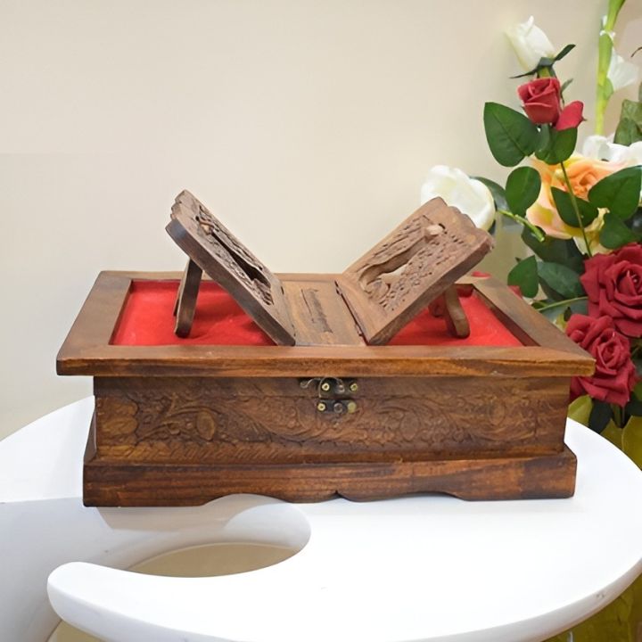 Handmade Wooden Quran Box with Carving Art - Perfect for Wedding Gifts | Wall-Mounted Quran Box | Islamic Muslim Gift Holder for Home Decorative - Unique Selection of Holy Quran Rahal Box | Ramadan Decorations Items Low Price | Hadi Wood Crafts