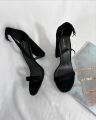 Women Fashion 3 Inches Block Heels Sandals Luxurious Fairy Style Glamour  Embellished Chunky Faux Suede Comfortable and Stylish for Any Occasion for Summer Black. 
