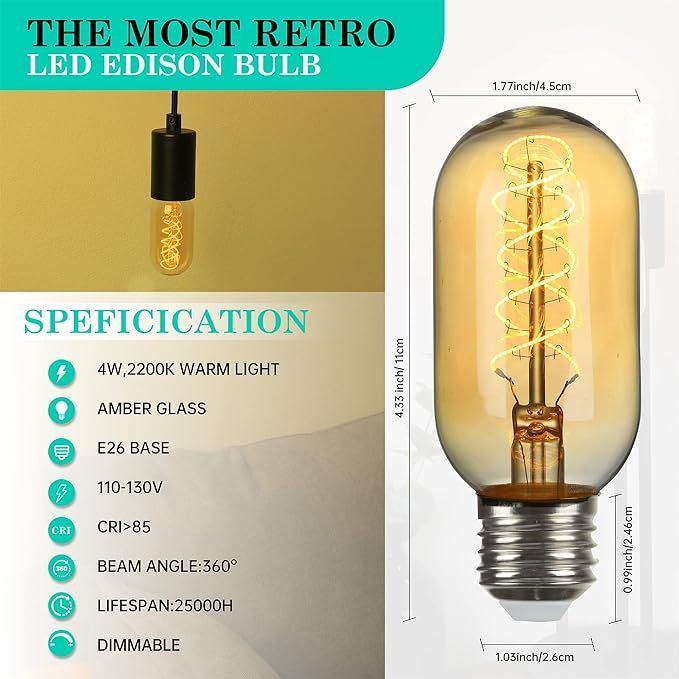 Dimmable Edison Bulbs 25 Watt Soft Yellow 2200K, Ultra-Thin Spiral Filament Vintage LED Edison Bulb, Amber Incandescent Light Bulb 25W Equivalent, T45 Retro LED Bulb 4W, E26 Base 120V 1Pack uk import  a749