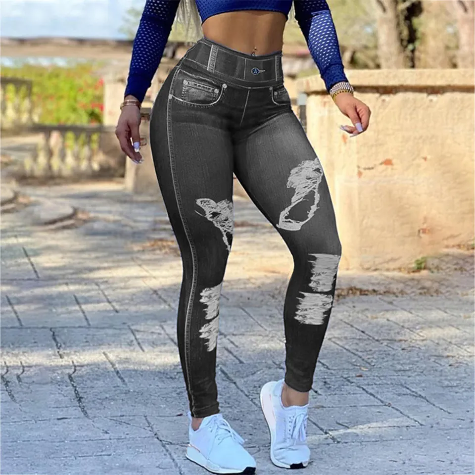 Imitation Jeans Leggings High Waist Scratched Slim fitting Faux Denim Jeggings Daraz.pk