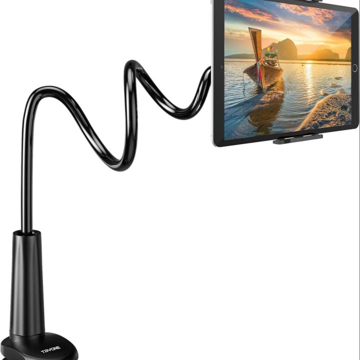 Gooseneck Tablet Holder Stand for Bed: Tryone Adjustable Flexible Arm Tablets Mount Clamp on Table Compatible with iPad Air Mini | Galaxy Tabs | Kindle Fire | Switch or Other 4.7-10.5" Devices(Black)