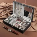 8 Grids Watch Box PU Leather Watch Case Holder with Jewelry Organizer and Mirror Inside Soft Cushion Cream Color Watch, Jewelry and Rings Organizer. 