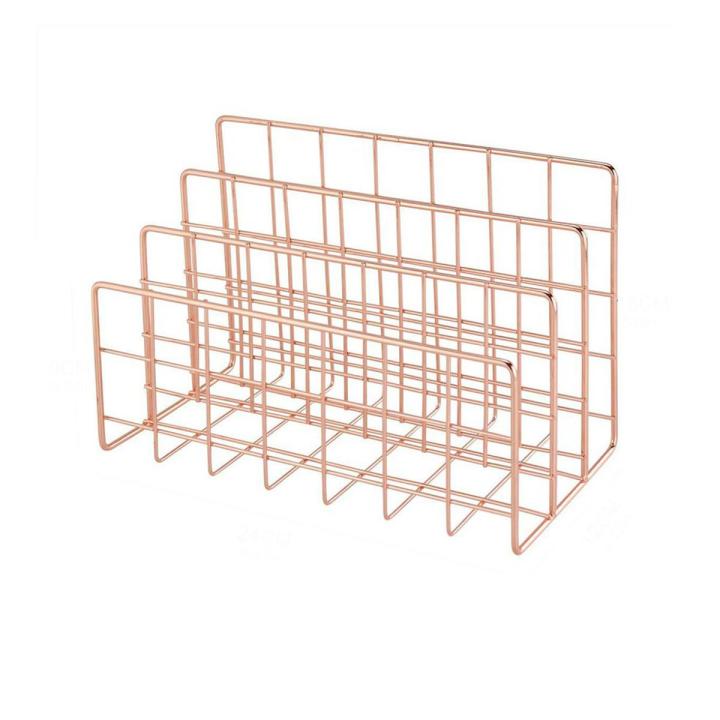 MA Wrought Iron Metal Three Grid Bookshelf Book Stand Holder Desktop Decor-Rose gold