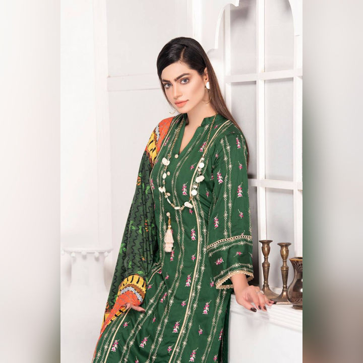 Arasteh  Green Unstitched Viscos Embroidered 3PC Suit For Women V2-08