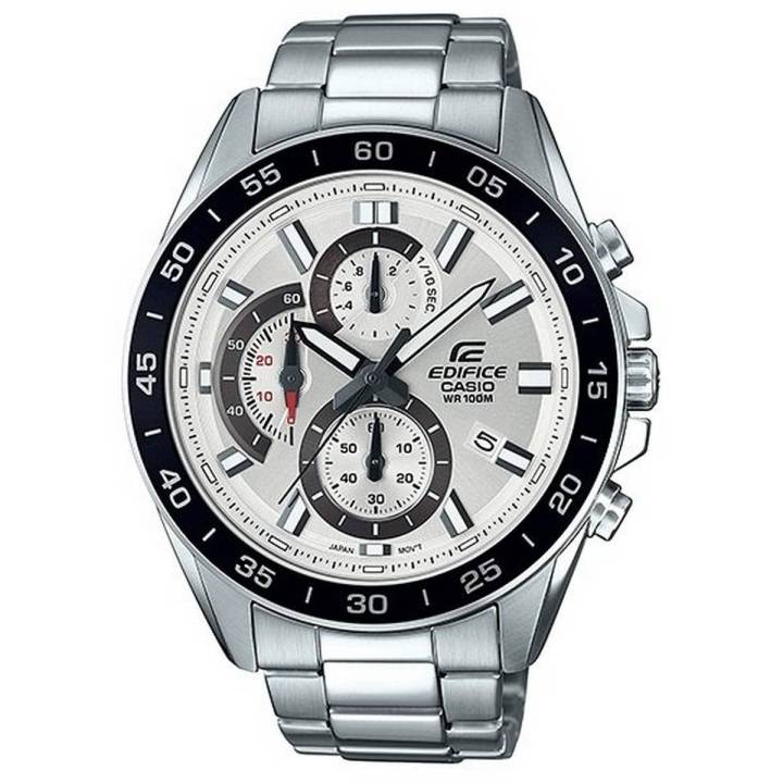 Casio Edifice Mens Steel Black Bezel Silver Chronograph Dial Silver Steel Band Watch-EFV-550D-7AVUDF