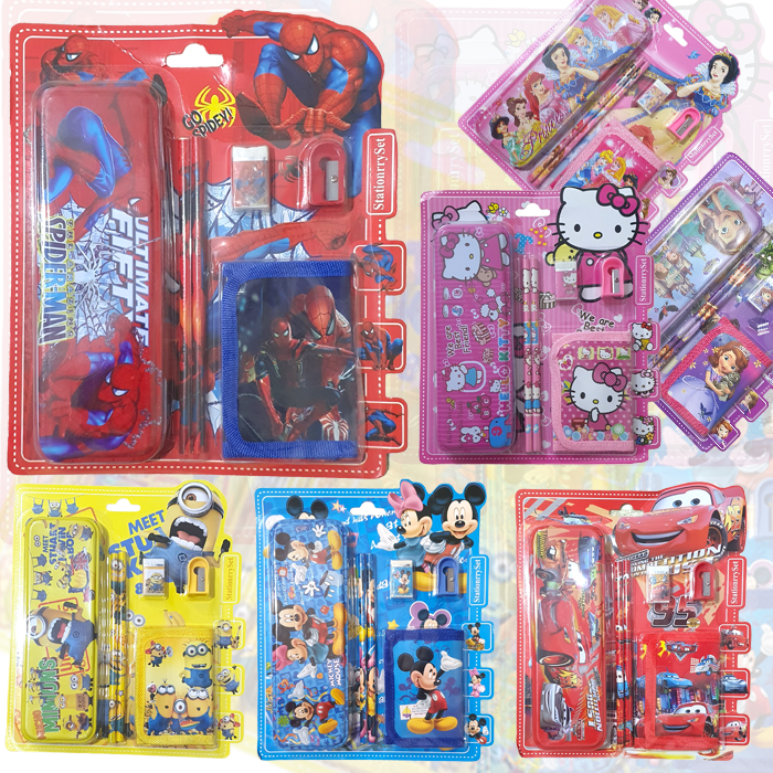 6 & 14 in 1 Stationery Gift Set for School Children Girls & Boys Perfect Birthday Gift Beautiful Disney Character Stationary Gift Set Pencil Sharpener Eraser Scale Ramzan Eid Gift Hello Kitty Spiderman Cars Frozen Princess