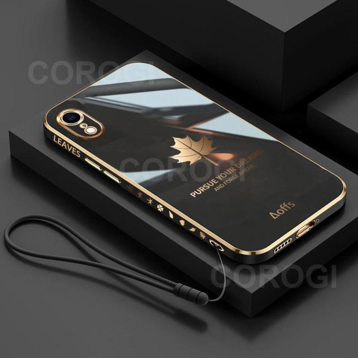 For iPhone Xr Back Cover Luxury 6D Plating Maple Leaf Side Pattern Soft Silicone Square Mobile Phone Case