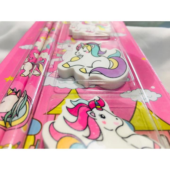 Pack of 2 Unicorn Pencils and 3 Erasers For Kids School Stationary