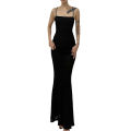 Female Long Slip Dress, Summer Solid Color Sleeveless Spaghetti Strap Backless One-Piece, Black, S/M/L. 