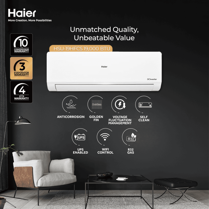 Haier (Flexis Inverter Series) 1.5 Ton DC Inverter UPS Enabled - HSU-19HFC - Self Cleaning - Optional WiFi -3D AirFlow-White Colour AC /10 Years Warranty/Air Conditioner/Haier Free Installation
