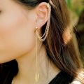 Pair of Ear Cuff Golden Leaf Long Dropping Pin Chain Tassel Earring for Girls and Women. 