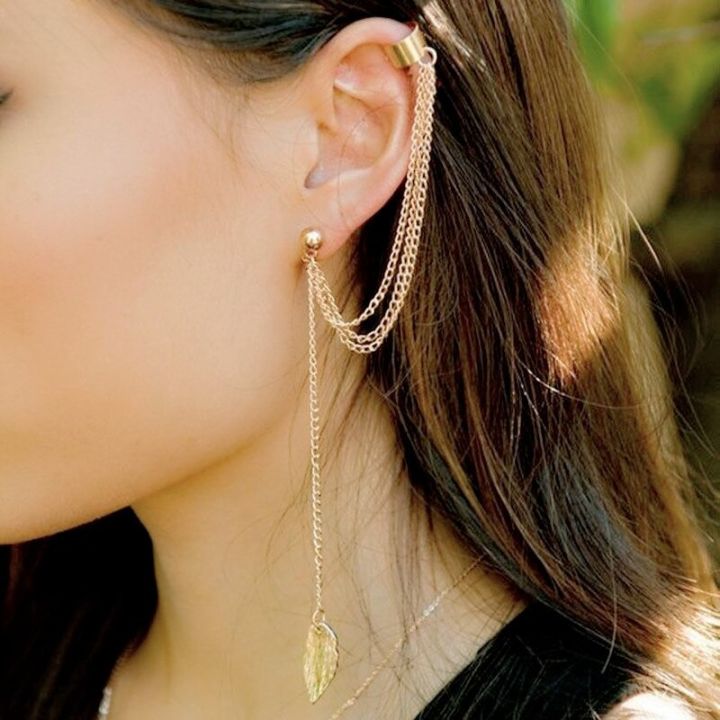 Pair%20of%20Ear%20Cuff%20Golden%20Leaf%20Long%20Dropping%20Pin%20Chain%20Tassel%20Earring%20for%20Girls%20and%20Women%20-%20Image%204