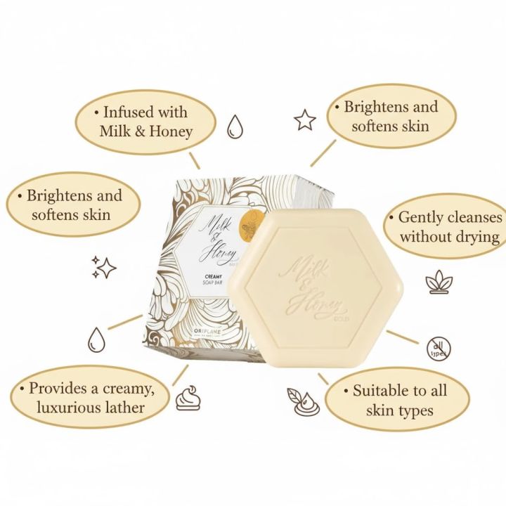 Oriflame Milk & Honey Gold Creamy Soap Bar | Moisturizing Brightening Bath Soap for Soft, Glowing Skin – 100g