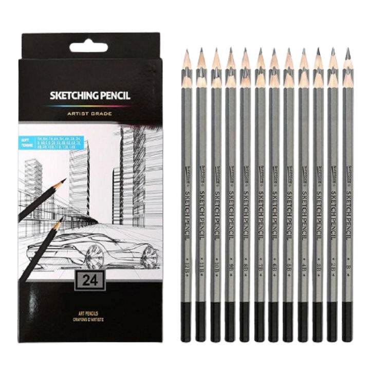 24Pcs Worison Sketching Pencil Set Includes 9H, 8H, 7H, 6H, 5H, 4H, 3H, 2H, H, F, HB, B, 2B, 3B, 4B, 5B, 6B, 7B, 8B, 9B, 10B, 11B, 12B, 14B Professional Sketch Art Pencils Drawing Sketches Pencils