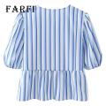 Bow Tie Front Blouse Chic Striped Print Tie-knot Ruffled Hem Top with Bow Tie Front Trendy O-neck Puff Sleeve Blouse for Streetwear Fashionistas in Asia Women Tie-knot Ruffled Babydoll Top. 