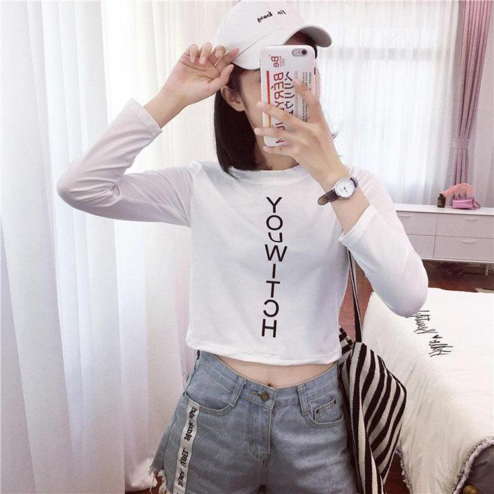 Korean Fashion Korean Version Of Fashion English Printing Open Umbilical Cord Before And After Wearing A Thin Short T-Shirt Fall Chic Long Sleeve Blouse Female