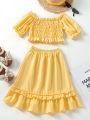 Little Girls Two-Piece Outfits, Solid Color Short Sleeve Off Shoulder Pleated Crop Tops + Ruffles Long Skirt. 