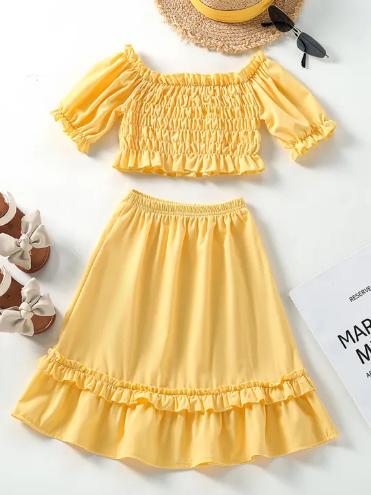 Little%20Girls%20Two-Piece%20Outfits,%20Solid%20Color%20Short%20Sleeve%20Off%20Shoulder%20Pleated%20Crop%20Tops%20+%20Ruffles%20Long%20Skirt%20-%20Image%2010