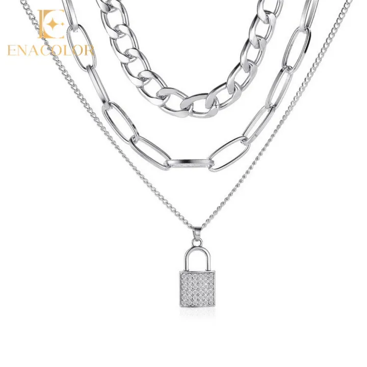 Enacolor Vintage Thick Chain Lock Necklace Punk Micro Inlay 3 Layer ...