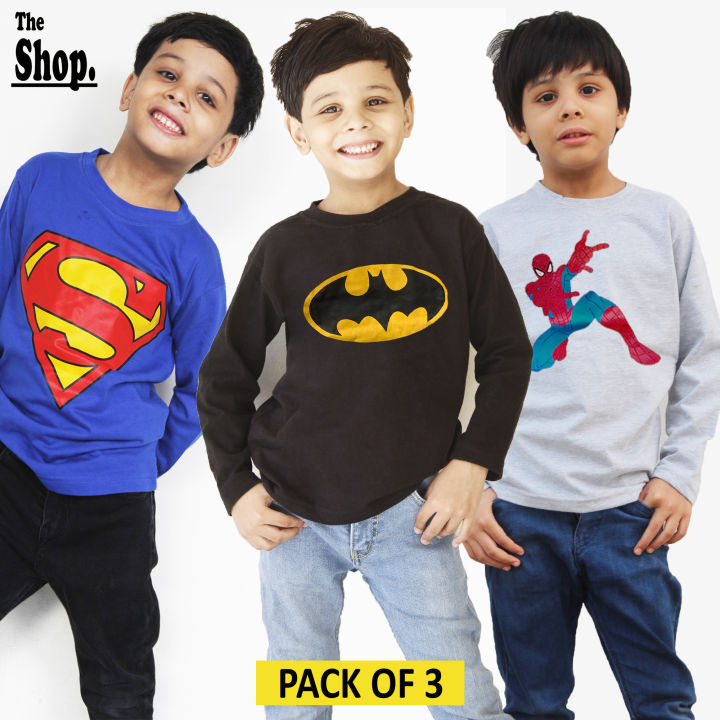 The Shop - Pack Of 3 - Super Hero Full Sleeves T-Shirt For Kids, Superman T-Shirt, Batman T Shirt, Spiderman TShirt, 1 Year To 14 Years - PTS-HFS3