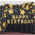Happy Birthday Black & Golden Theme ( Including 16 Inch Happy Birthday Foil Balloon - 30 Balloons Black & Gold -1 pc Black Curtains 6 Feet Length & 3.5 Feet Width -2 Pc Gold Stars ) Birthday & Party items Birthday & Party Accessories Birthday Decorations. 