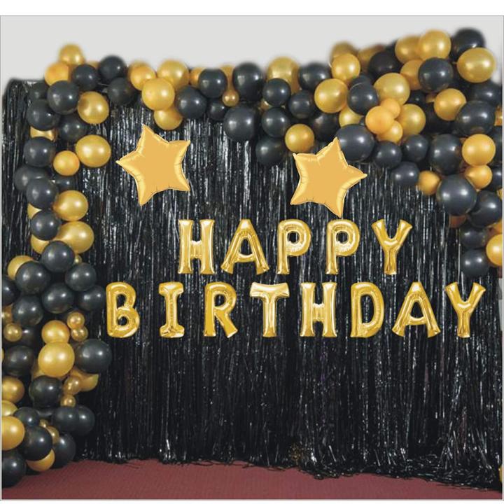 Happy Birthday Black & Golden Theme ( Including 16 Inch Happy Birthday Foil Balloon - 30 Balloons Black & Gold -1 pc Black Curtains 6 Feet Length & 3.5 Feet Width -2 Pc Gold Stars ) Birthday & Party items Birthday & Party Accessories Birthday Decorations