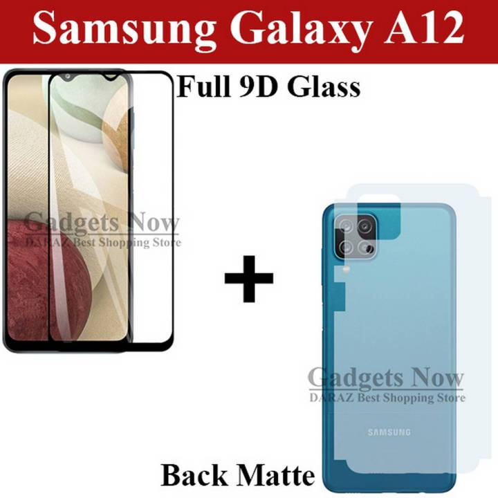 Samsung Galaxy A12 Full Black 9D|5D|6D|10D|11D|21D Tempered Glass Screen Protector Full Glue Edge To Edge + Back Matte Protector Soft Skin Sheet Soft Film Protection For Samsung Galaxy A12