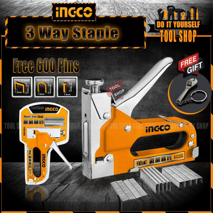 Ingco ORIGINAL Heavy Duty 3 Way Staple with 600 pins- 200 Pcs narrow Pins 200 Pcs U- shape pin 200 Pcs Brad Nail with FREE Metal Adjustable Wrench Key Chain Creative Simulation Wrench Car Small Gift Key.