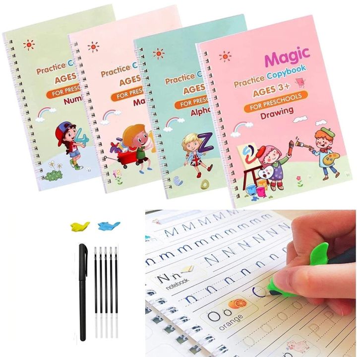 Reusable Sank Magic Practice Copybook Montessori Reusable Magic Books for Kids Handwriting Free Wiping Calligraphy Montessori Practice Copy Books (4 Magic Books + 1Magic Pen + 10 Refills + 1Grip)