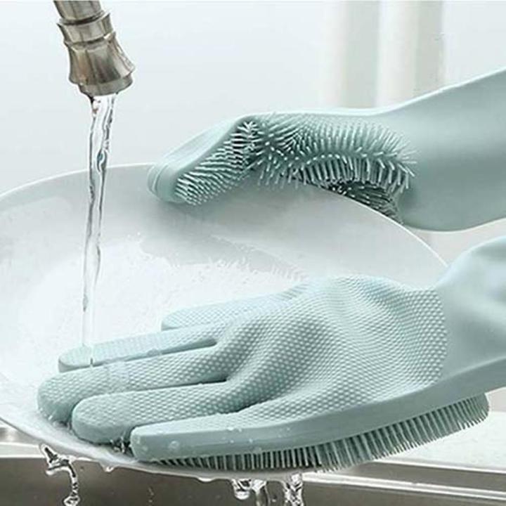Pair Of  Magic Washing Gloves - Reusable Silicone Gloves with Wash Scrubber, Heat Resistant, for Cleaning, Household, Dish Washing, Washing the Car