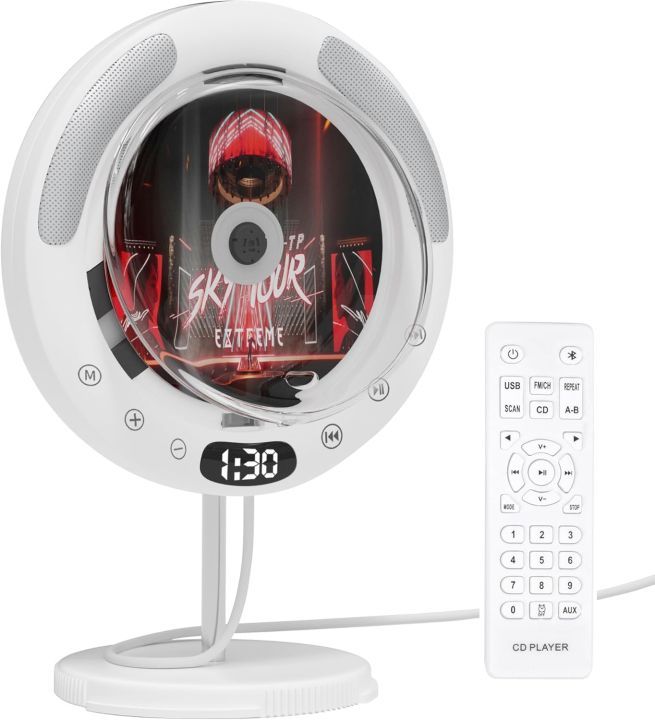 Stand & Wall Mounted CD Player, Bluetooth, FM Radio, USB, AUX, HiFi Stereo Speakers, Portable Music Player with Remote, Timer, Pull Switch, Ideal for Bedroom, Kitchen, Home Audio, With dust cover