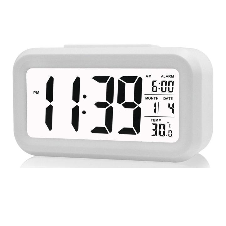 Automatic Night Glow Smart Light-Activated Sensor Bedside Digital Snooze Alarm Clock with Date, Temperature Display, by Bravodeal (White)