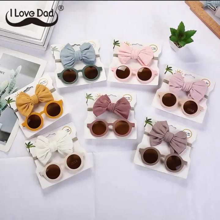 ldm 2Pcs/Set Headband Sunglasses Set Baby Elastic Nylon Hair Band Children Round Sun Glasses Butterfly Summer Girls Hair Accessories