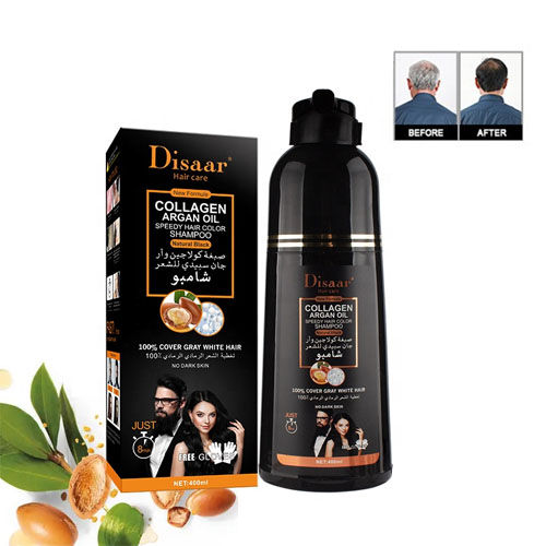 Disaar Collagen Argan Oil Speedy Hair Color Shampoo Cover Gray & White Hair Natural Black Hair Dye Shampoo Repair Damaged 400ml in pakistan