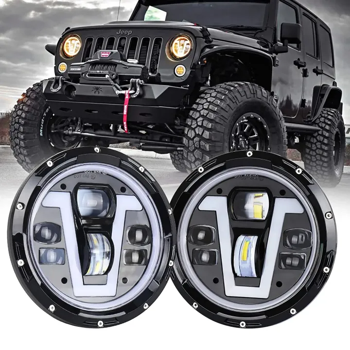 7%20Inch%20V%20Shape%20Ultra%20Bright%2060%20Watts%20LED%20Headlight%20With%20Dual%20Color%20DRL%20Yellow/White%20For%20Jeeps,%20Cars,%20Motorcycle-%204%20Working%20Modes%20-%20Top%20Rated%20Product%20-%20Universal%20Fitment%20-%20Image%202
