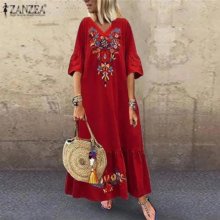 ZANZEA%20Womens%20Floral%20V%20Neck%20Long%20Beach%20Dress%20Ladies%20Holiday%20Sundress%20Party%20Dresses%20-%20Image%202