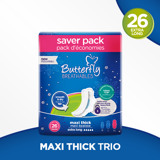 Butterfly Breathables Maxi Thick Fabric Soft Sanitary Pads Extra Long Trio Pack 26 Pcs