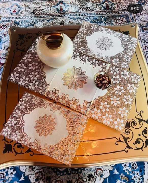 3pcs center table dressing table And side table mats Silver Color Large pcs size(15×36) And small 2pcs size (12×18) Inches material  vinyl soft plastic Premium