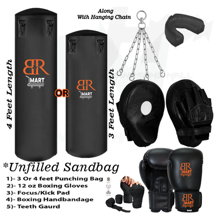 Boxing Bag with Chain & Gloves bandages hand wrap | Bearing Jump Rope  Hanging Stand | Pair Boxing Gloves| Pair of focus Pads Training Pads | 5 in 1