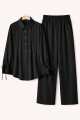Women’s Elegant Black 2-Piece Outfit – Long Sleeve Pleated Button-Down Shirt & Matching Wide-Leg Trousers, Stylish Casual Formal Co-Ord Set. 