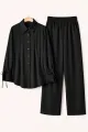 Women’s Elegant Black 2-Piece Outfit – Long Sleeve Pleated Button-Down Shirt & Matching Wide-Leg Trousers, Stylish Casual Formal Co-Ord Set. 