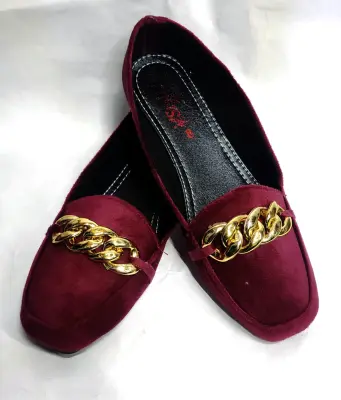 Chain-trim Suede Velvet Maroon Loafers, Women's Fashion, Footwear For Women