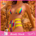 Women Swimsuit Deep V-neck Rainbow Color Push-up Splitted Swimwear. 