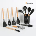 12 Pcs Silicone Cooking Utensils Kitchen Utensil Set - Heat Resistant Non-Toxic BPA Free Spatula Set with Turner Tongs,Spoon,Brush,Whisk-Wooden Handles Kitchen Gadgets Tools Set for Nonstick Cookware. 