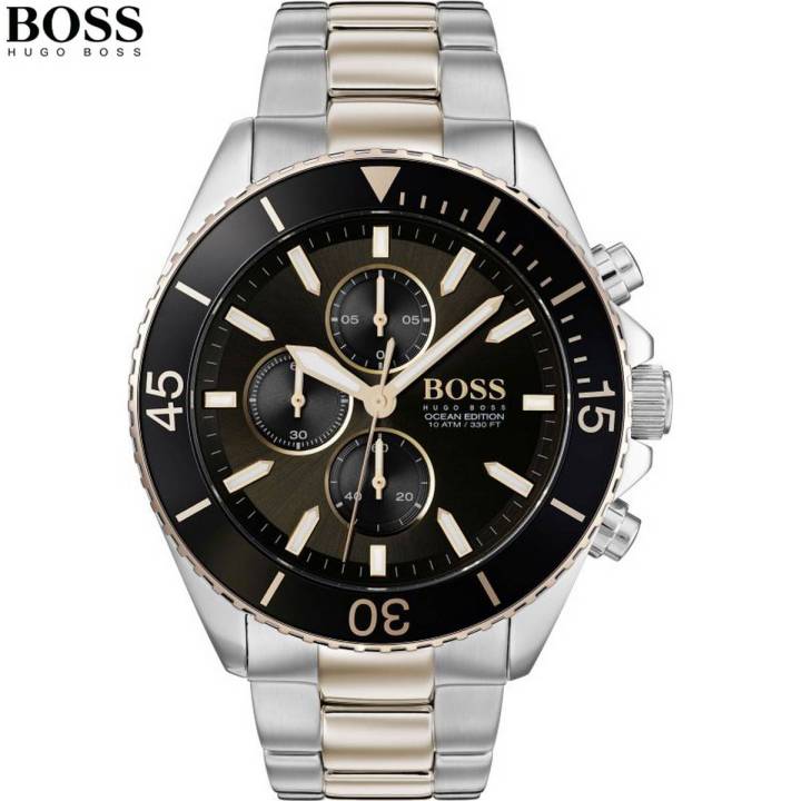Hugo Boss Two Tone Stainless Steel Bracelet Black Dial Chronograph Watch for Men- 1513705