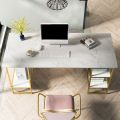 Modern Style Computer Desk Marble Effect Laminated Wood Sheet Top Rectangular Office Desk With Storage Shelf. 