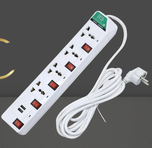 WH Universal Extension Board with 4 Power Sockets and 2 USB Ports for Electronics Mobile Charging, 1.8 Meter Heavy Duty Copper Wire, White