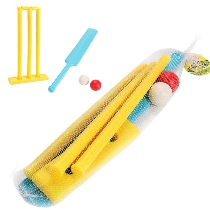 Cricket Kit Junior Plastic bat Ball Kit Cricket Playing Set for Kids Indoor Beach Outdoor Garden Play Set for 5-10 yrs Kids(1 Bat, 3 Wicket,1 Stand,2 Ball, 2 Bails), Childern Indoor Outdoor Play Plastic Cricket Bat Set (Random Color)