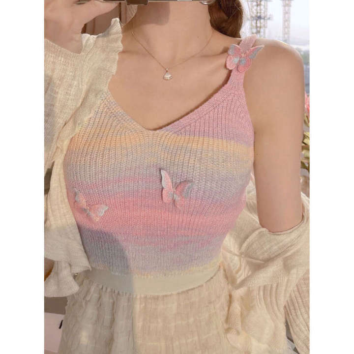 Pure Desire Wind Rainbow Stripe Contrasting Strap Women's Knitted Shirt Summer Niche Design Butterfly Sleeveless Top